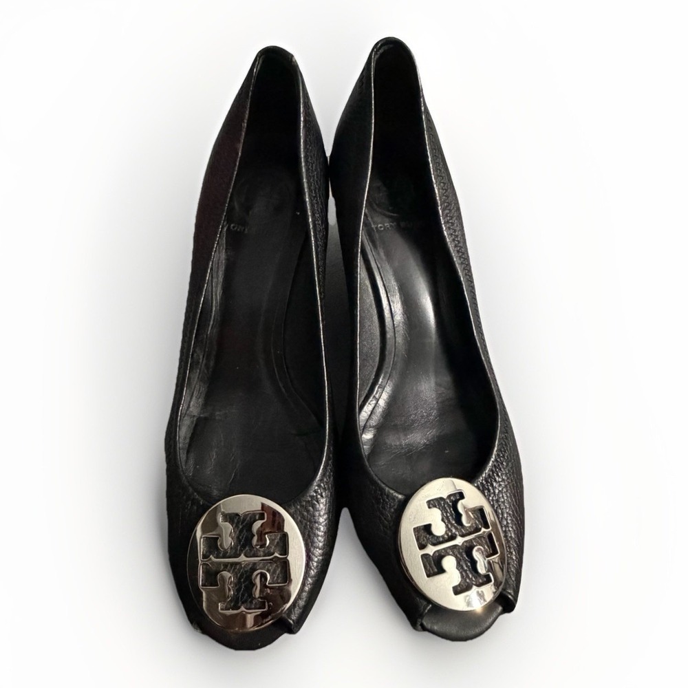Tory Burch Sally Black Leather Peep Toe Wedge Heels‎ Size 8M